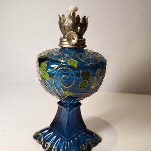 Cobalt  Blue  Glass  Decorative Oil Lamp Handpainted